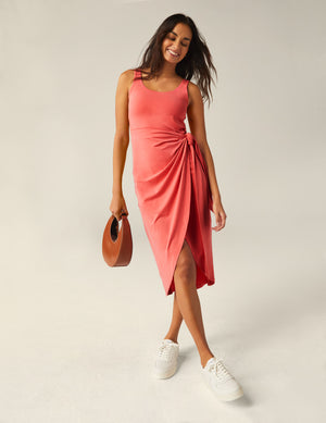 pink wrap front midi dress