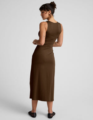 brown midi length tank dress with a square neckline and a front side slit. 