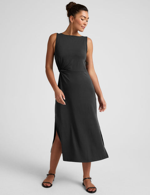asymmetrical twist knit midi dress Beyond Yoga Rotation Side Twist Midi Dress