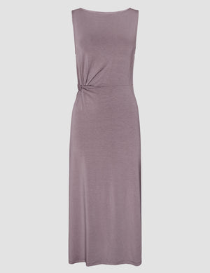 brown midi length dress with a side twist detail and side slit. 