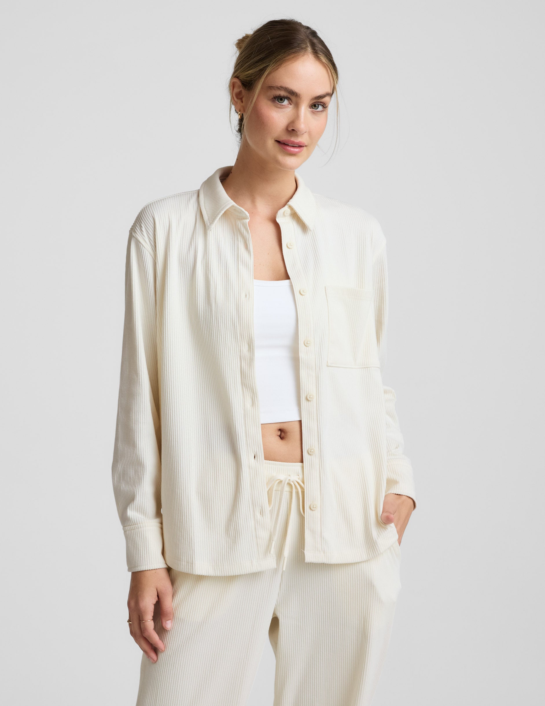 Breathe Easy Comfort Cord Button Up | Beyond Yoga display picture 1