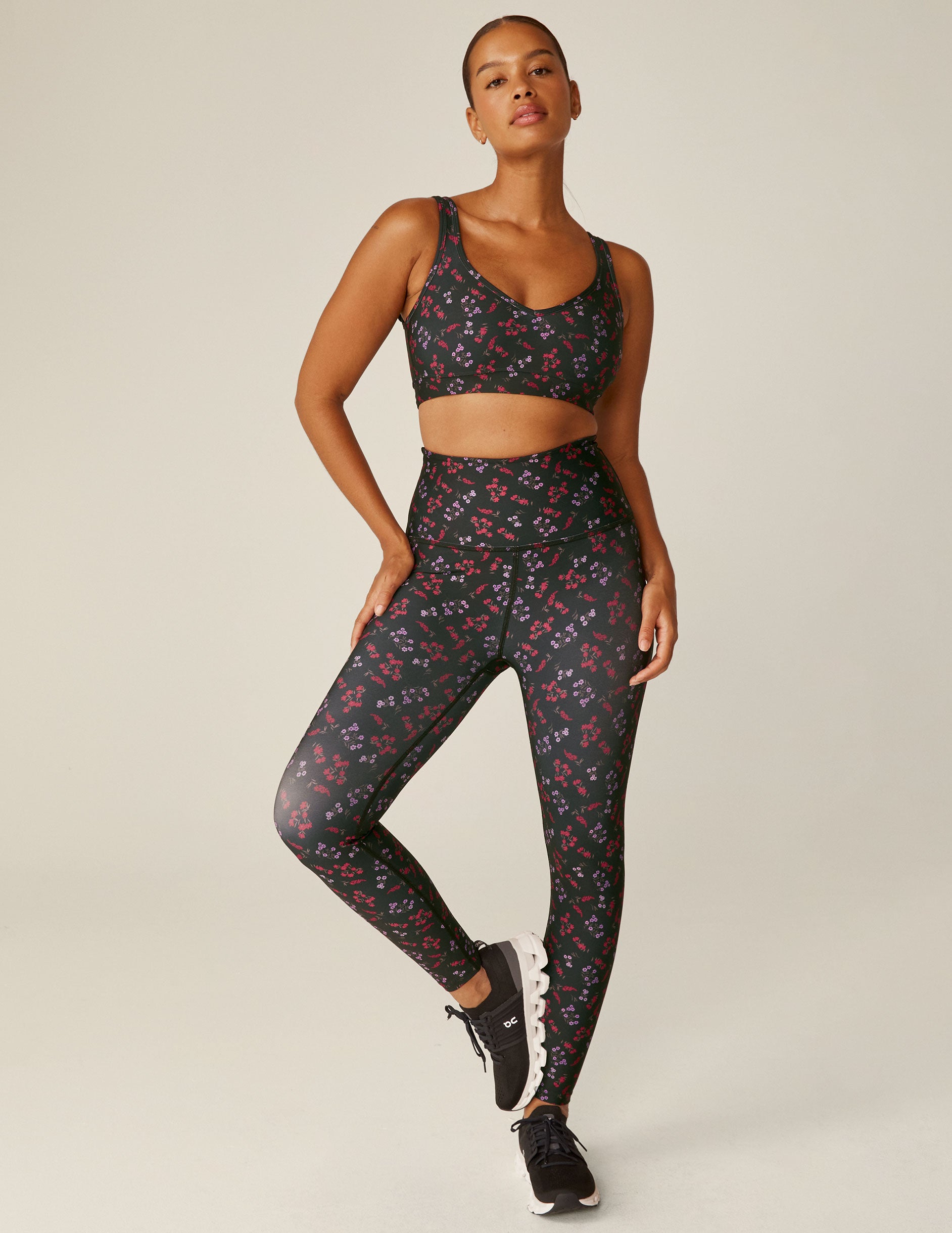black floral printed (red and purple flowers) sweetheart neckline sports bra. 