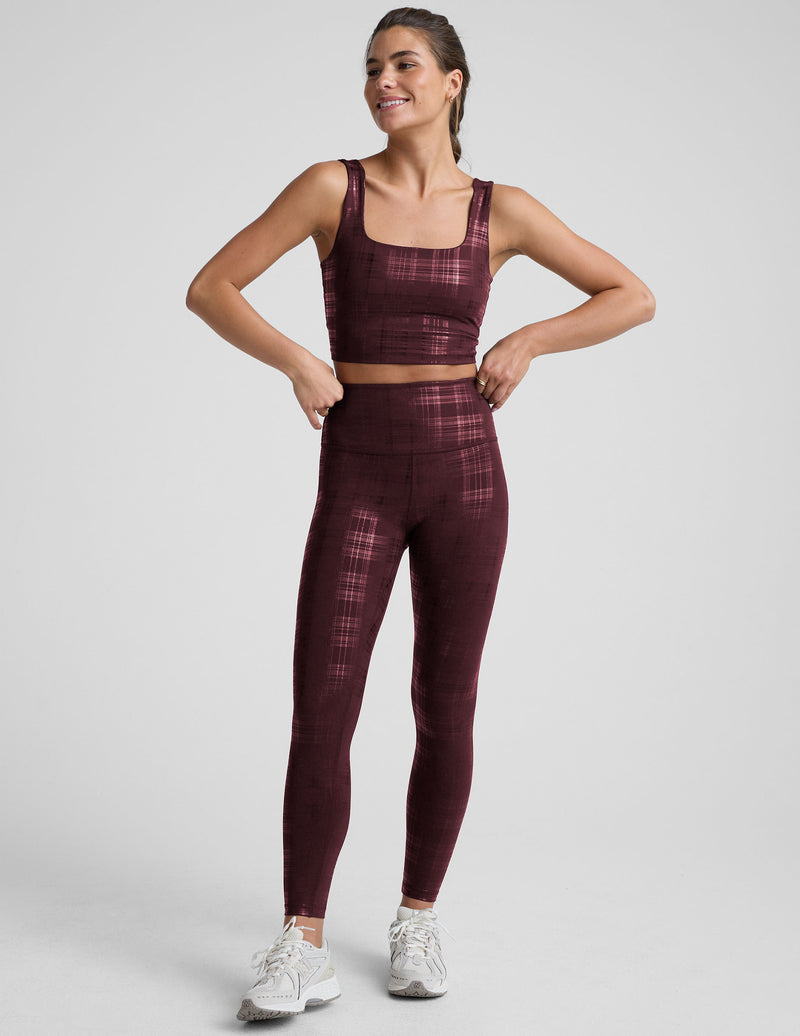 Plaid Foil Burgundy High Waisted Midi Legging