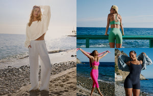 Collage of women in athletic wear by the ocean. 