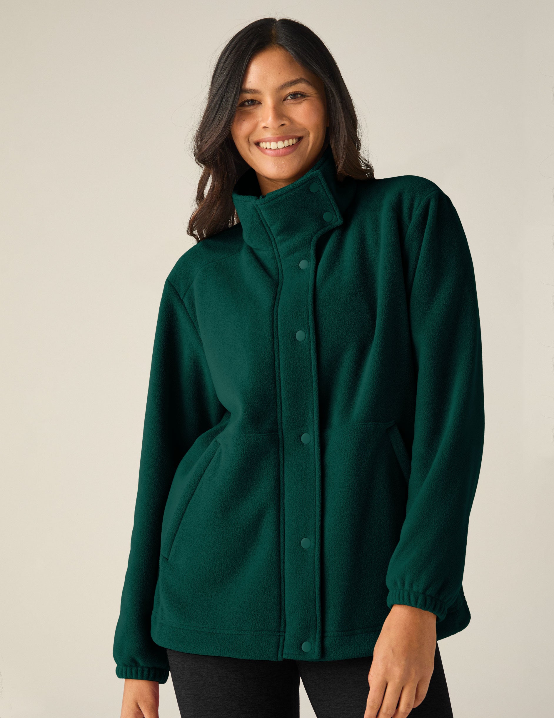 green button up fleece jacket. 