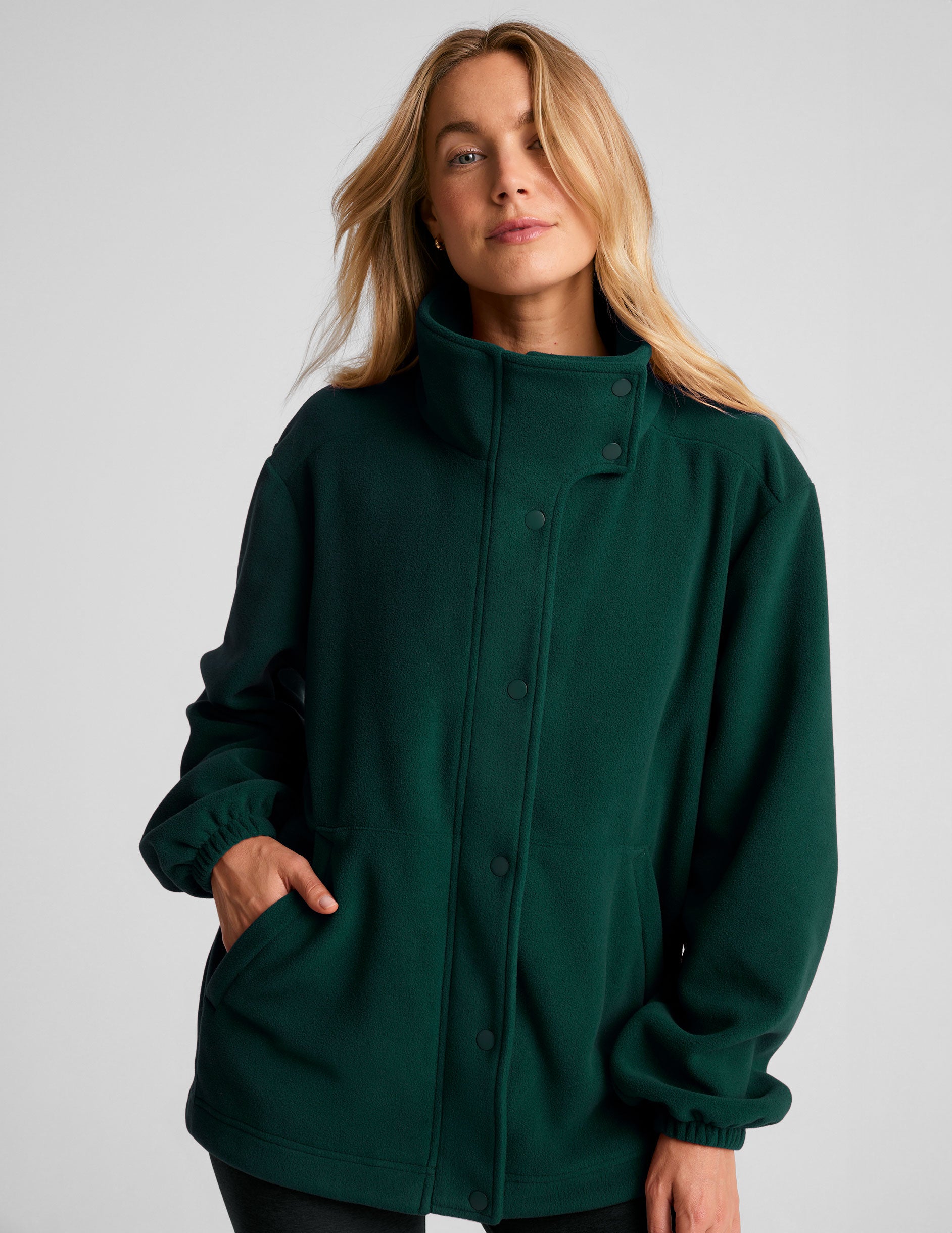 green button up fleece jacket. 