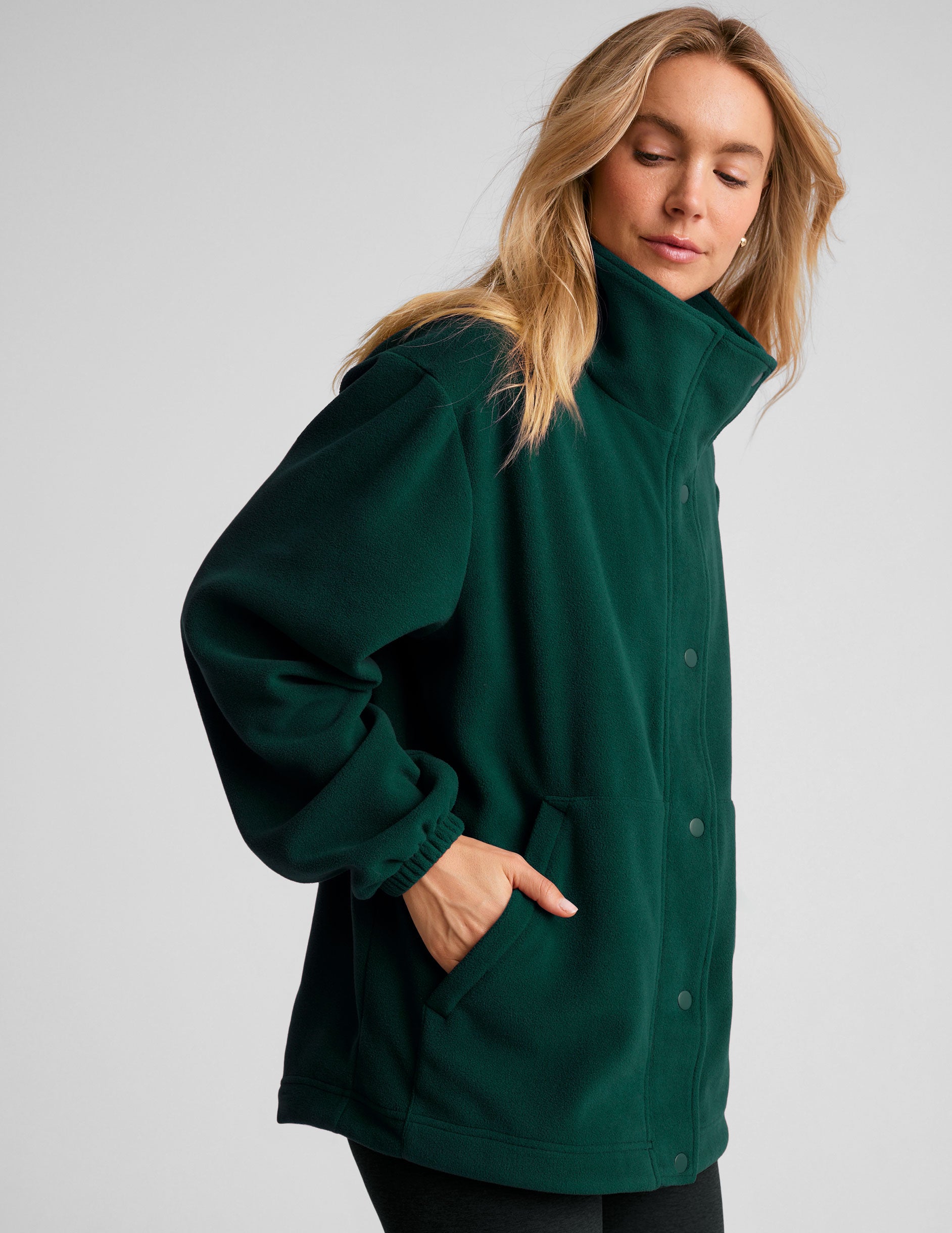 green button up fleece jacket. 