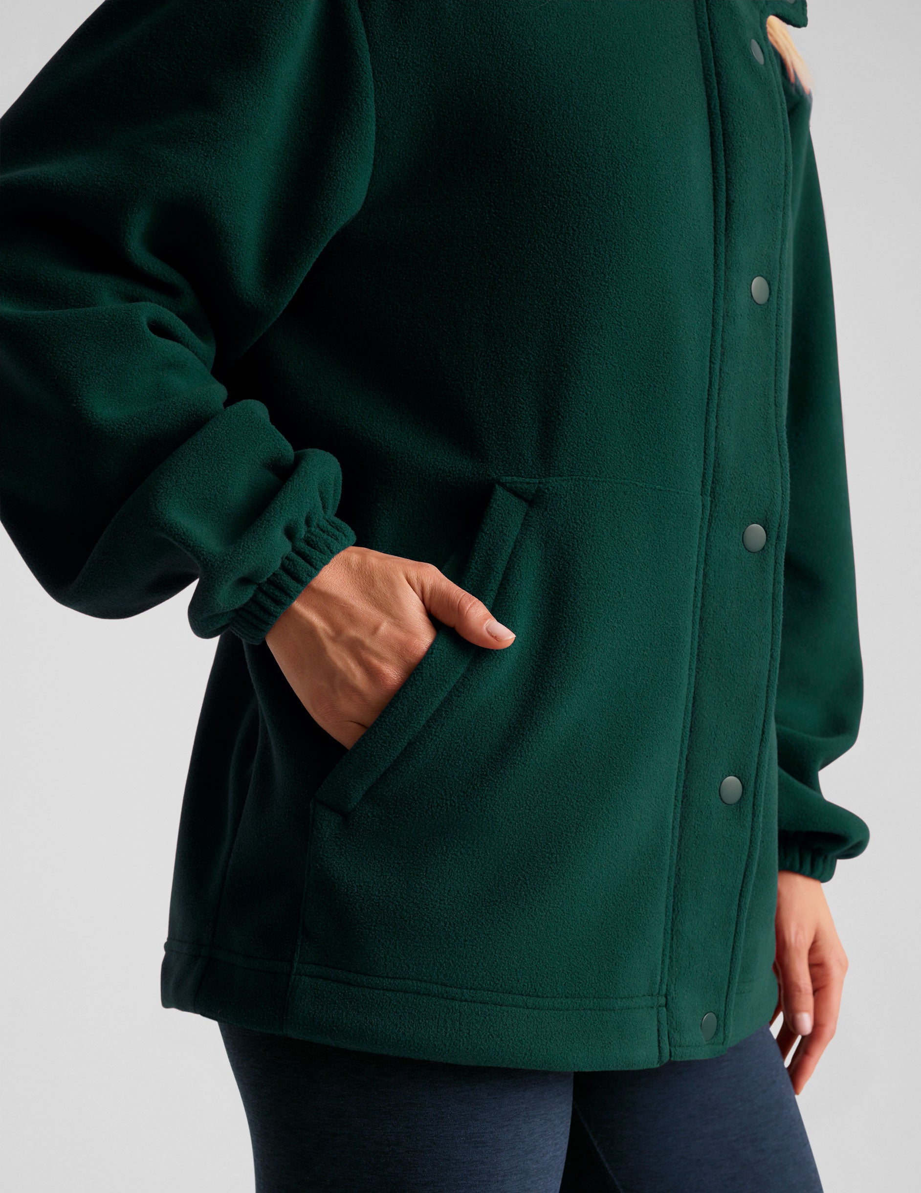 green button up fleece jacket. 