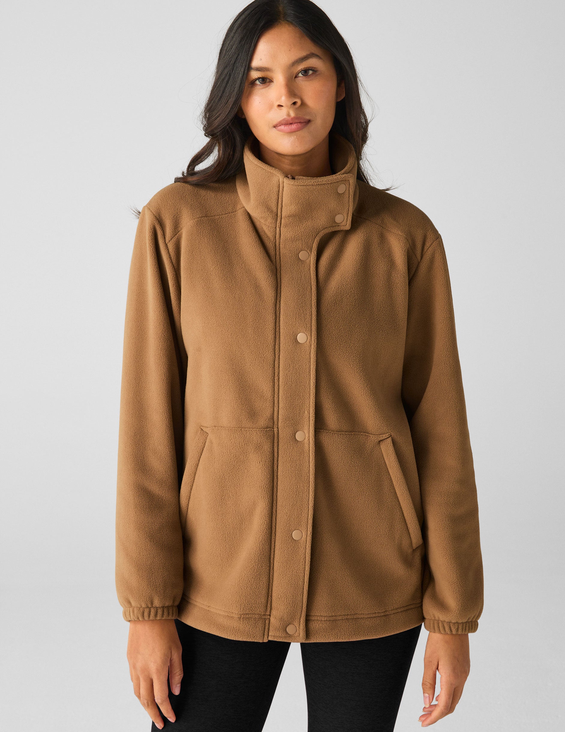 brown fleece button down jacket.