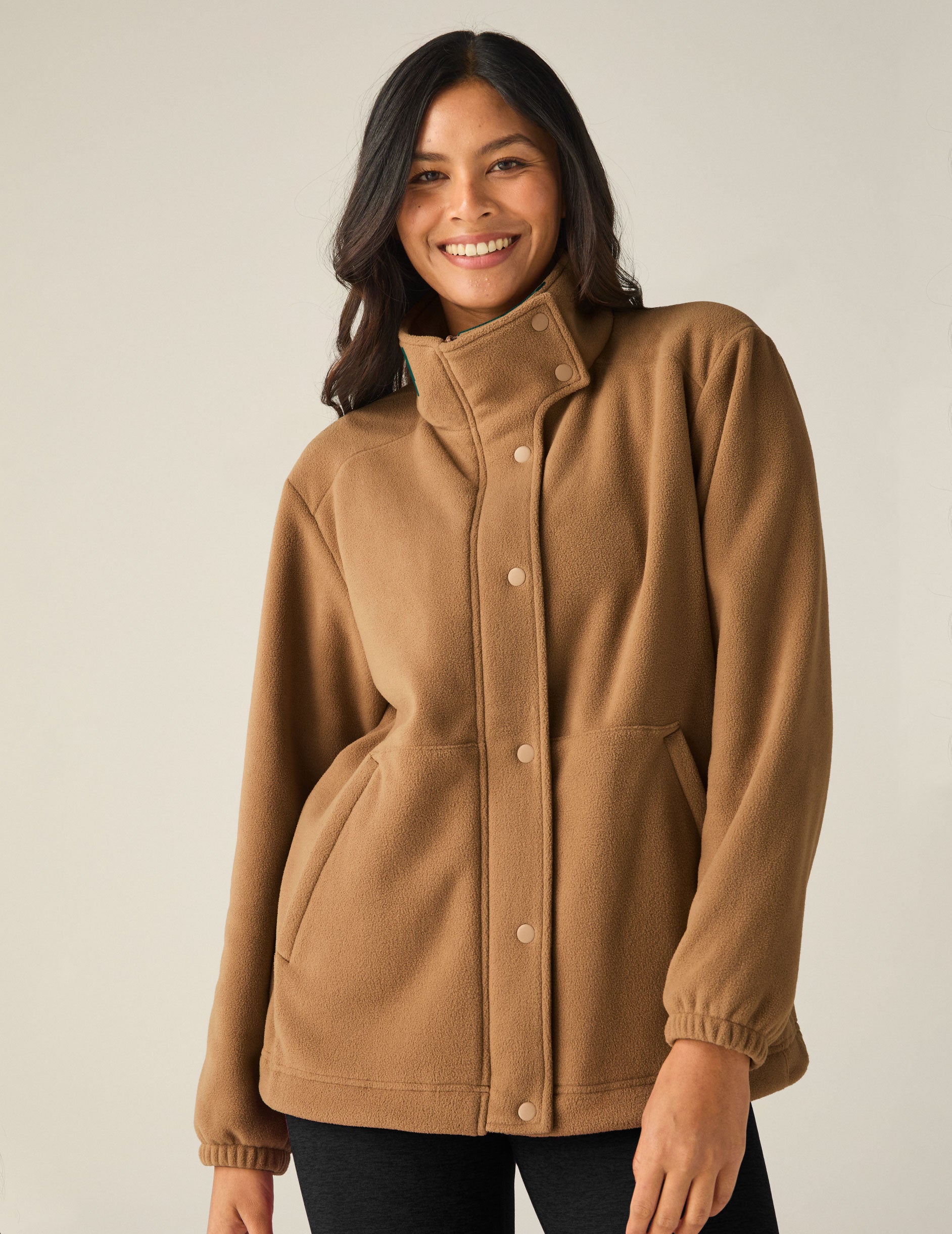 brown fleece button down jacket.