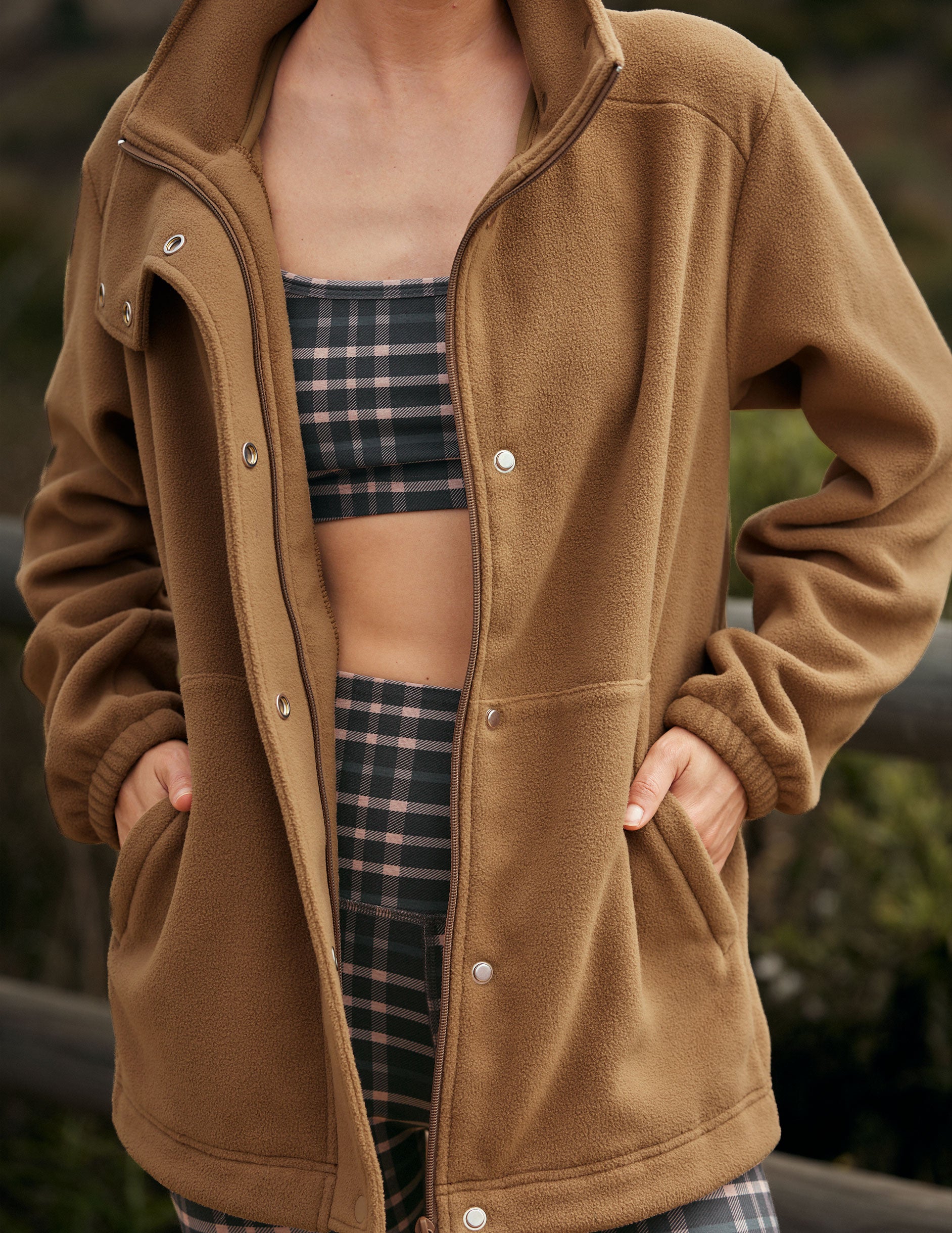 brown fleece button down jacket.