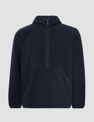 blue fleece quarter zip jacket with a kangaroo pocket. 
