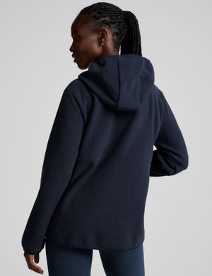 blue fleece quarter zip jacket with a kangaroo pocket. 