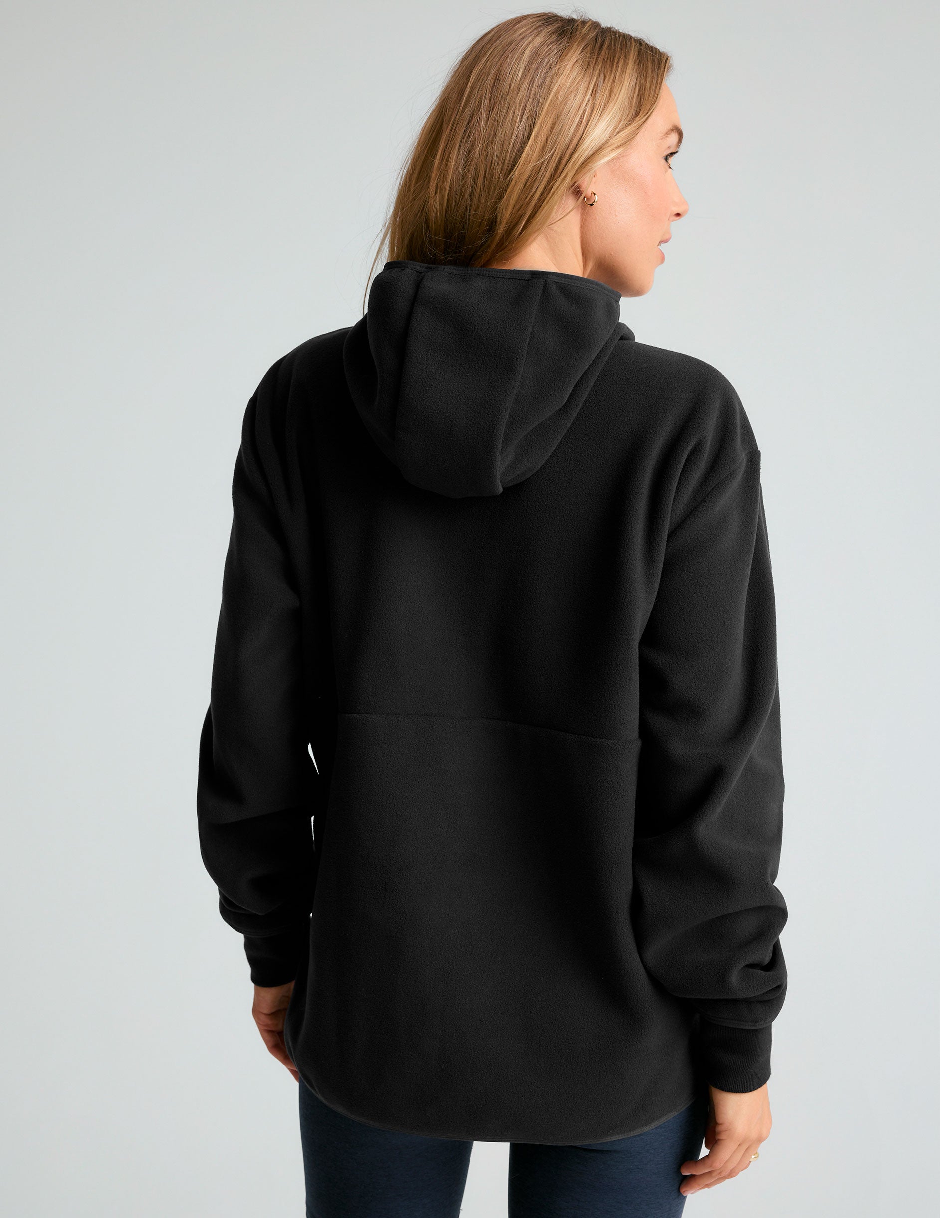 black fleece quarter zip hooded pullover. 