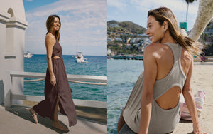 Woman in a long dress by the sea and another woman in a dress on a beach.