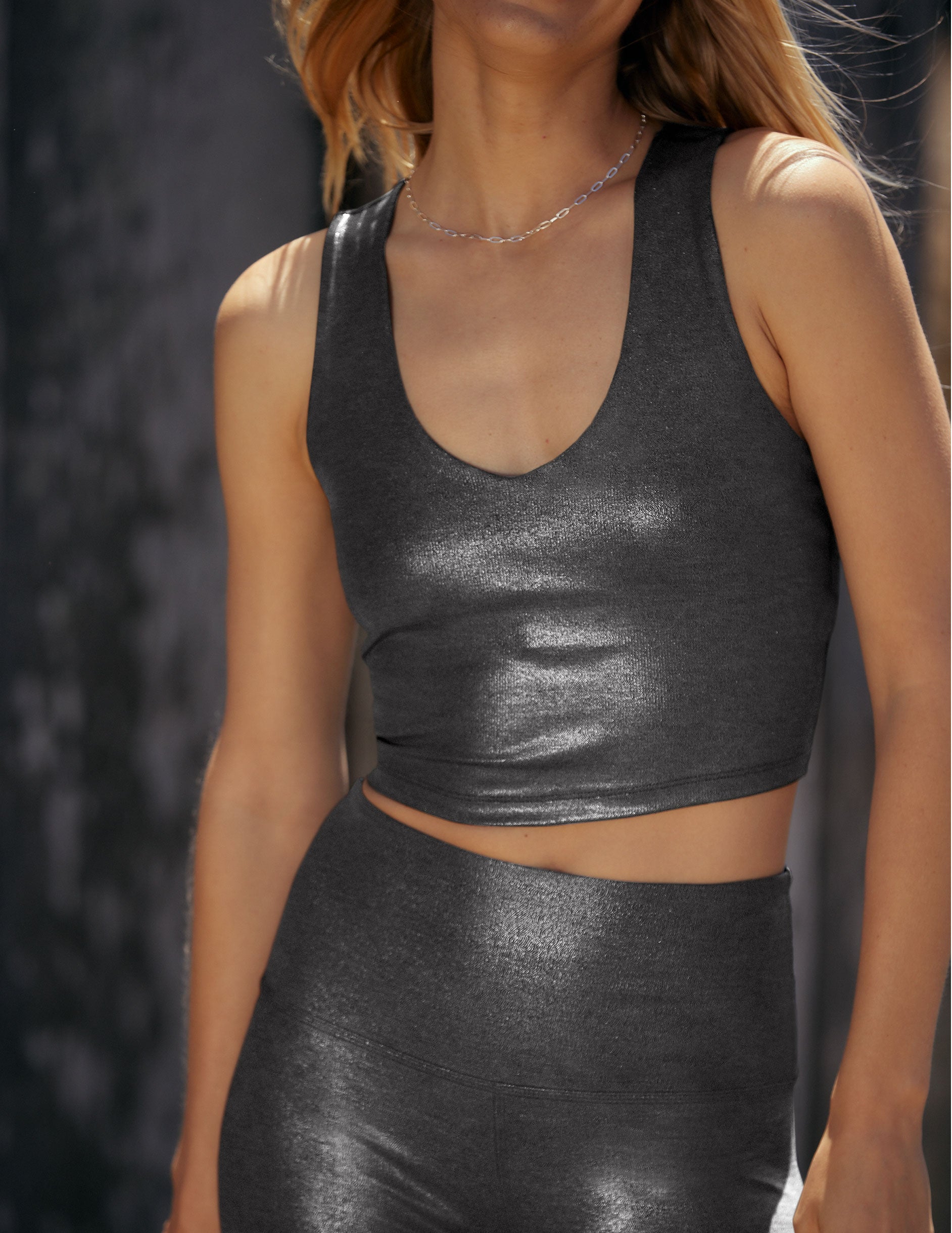 black shine printed v-neck racerback cropped tank. 