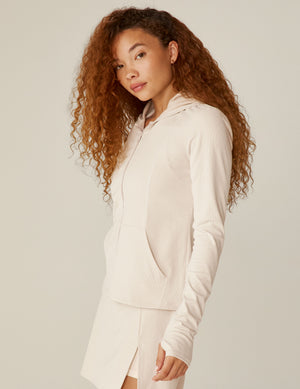 white heather rib zip-up hooded jacket with pockets. 