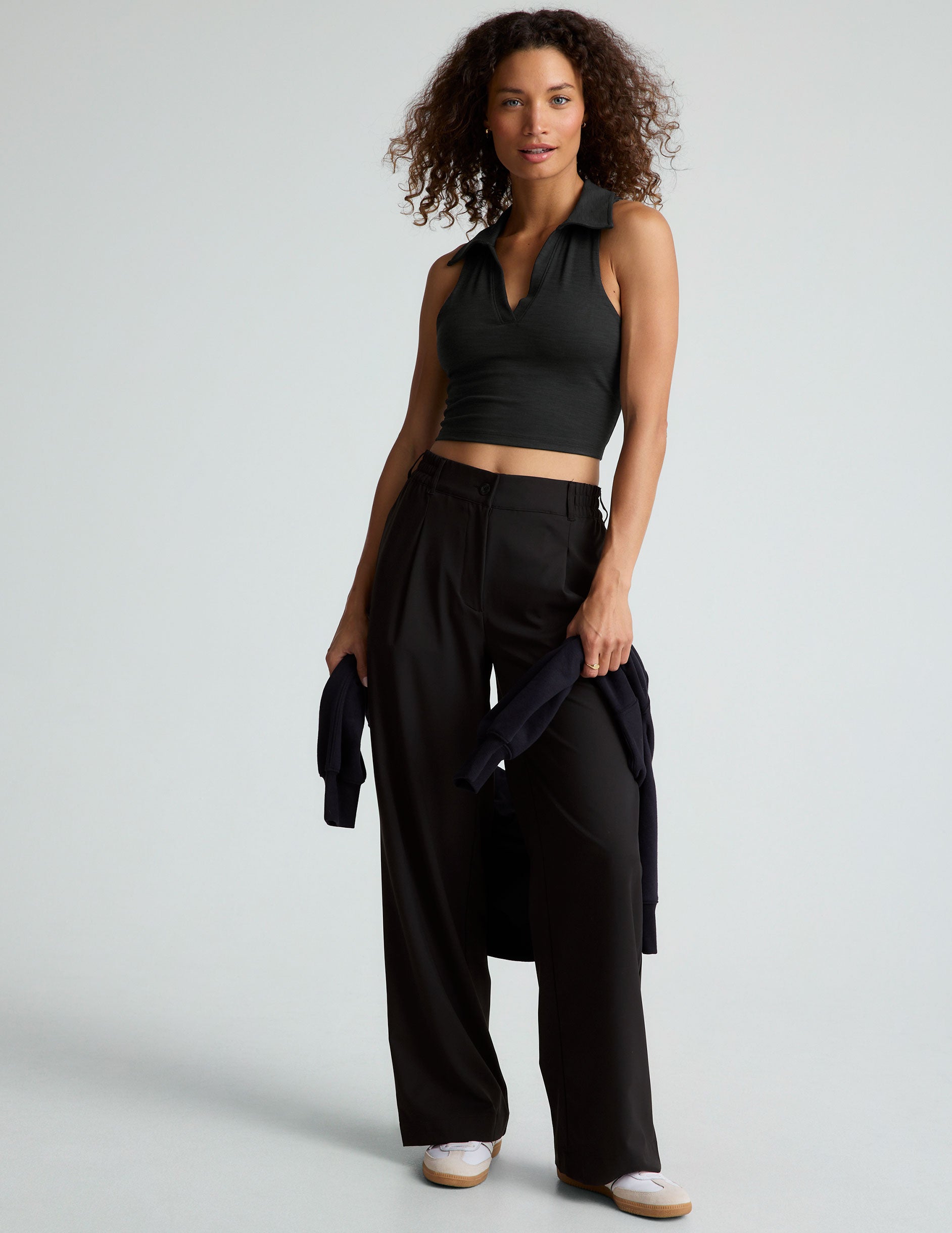 black heather ripped v-neck cropped tank with a collar. 