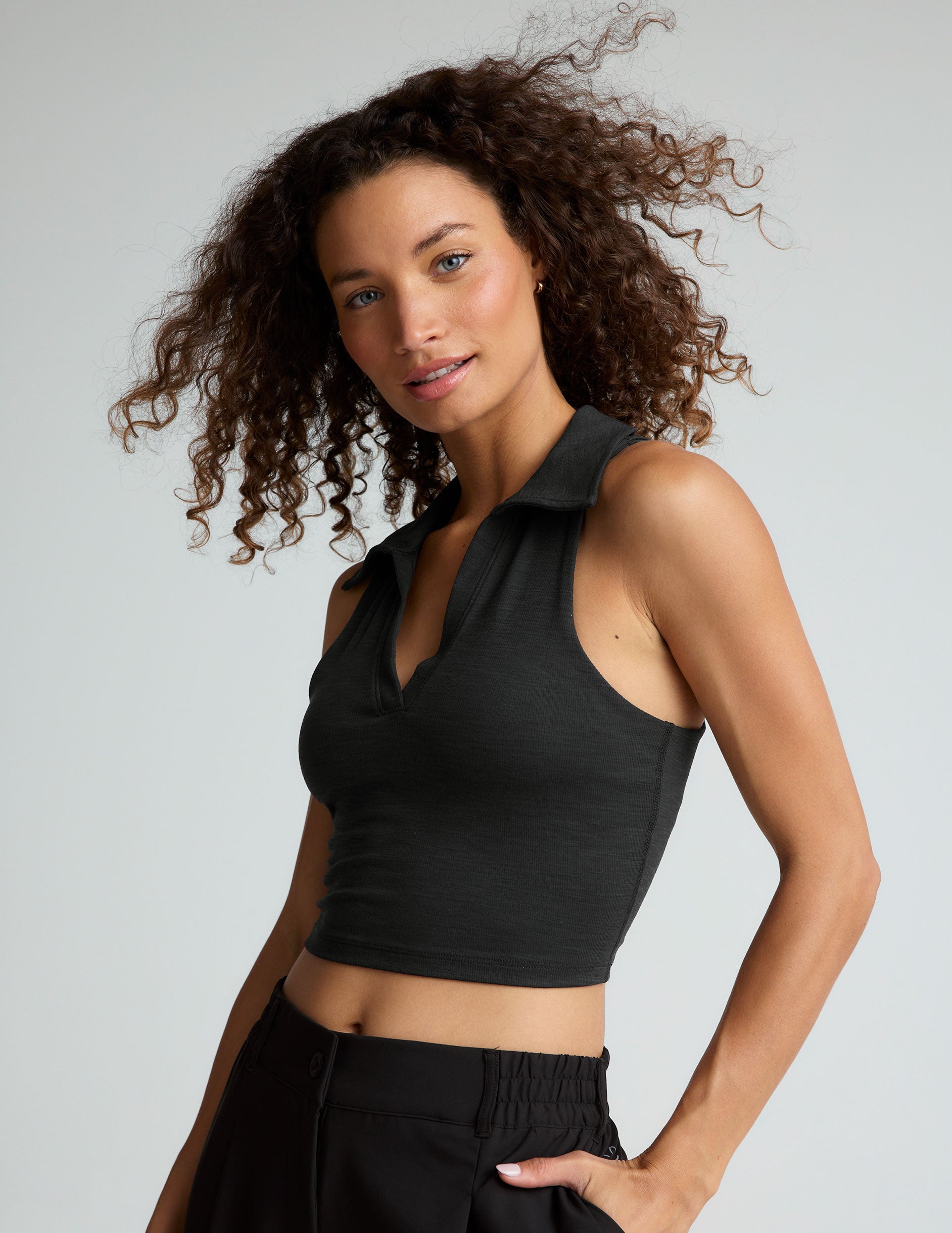 black heather ripped v-neck cropped tank with a collar. 