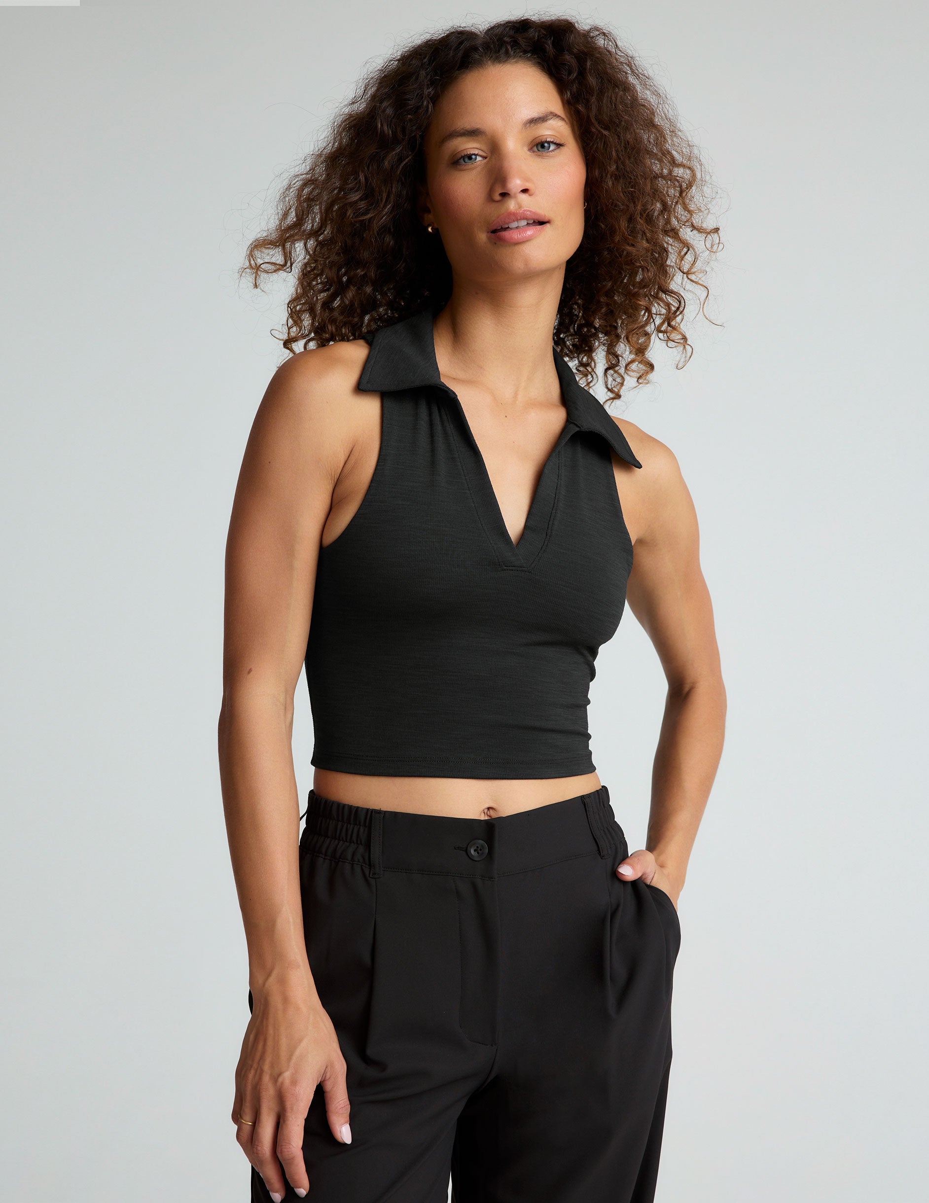 black heather ripped v-neck cropped tank with a collar. 