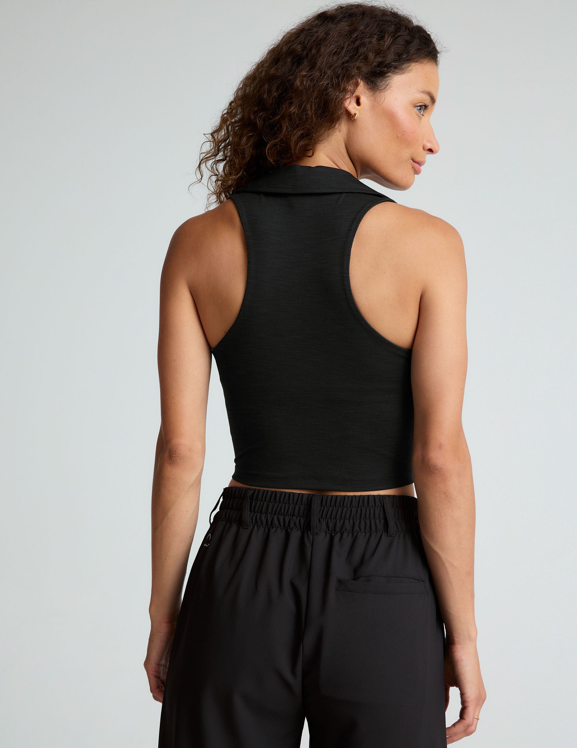 black heather ripped v-neck cropped tank with a collar. 