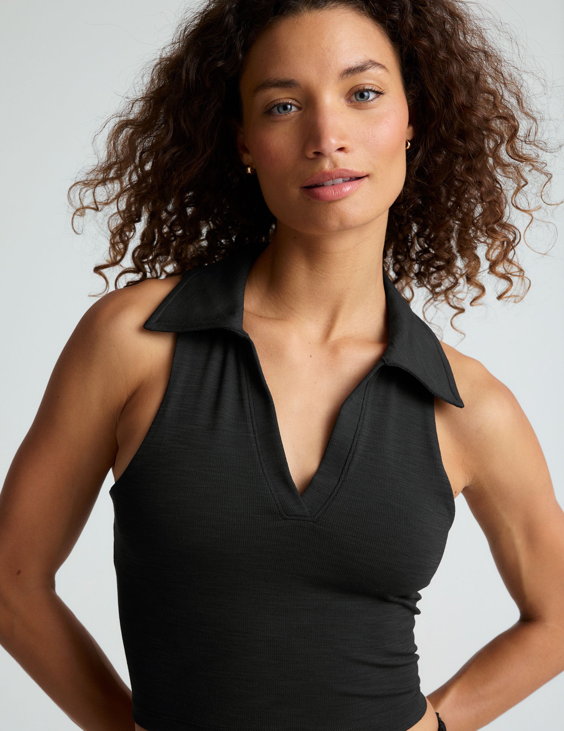 black heather ripped v-neck cropped tank with a collar. 