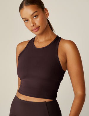 purple high-neck racerback cropped tank top. 