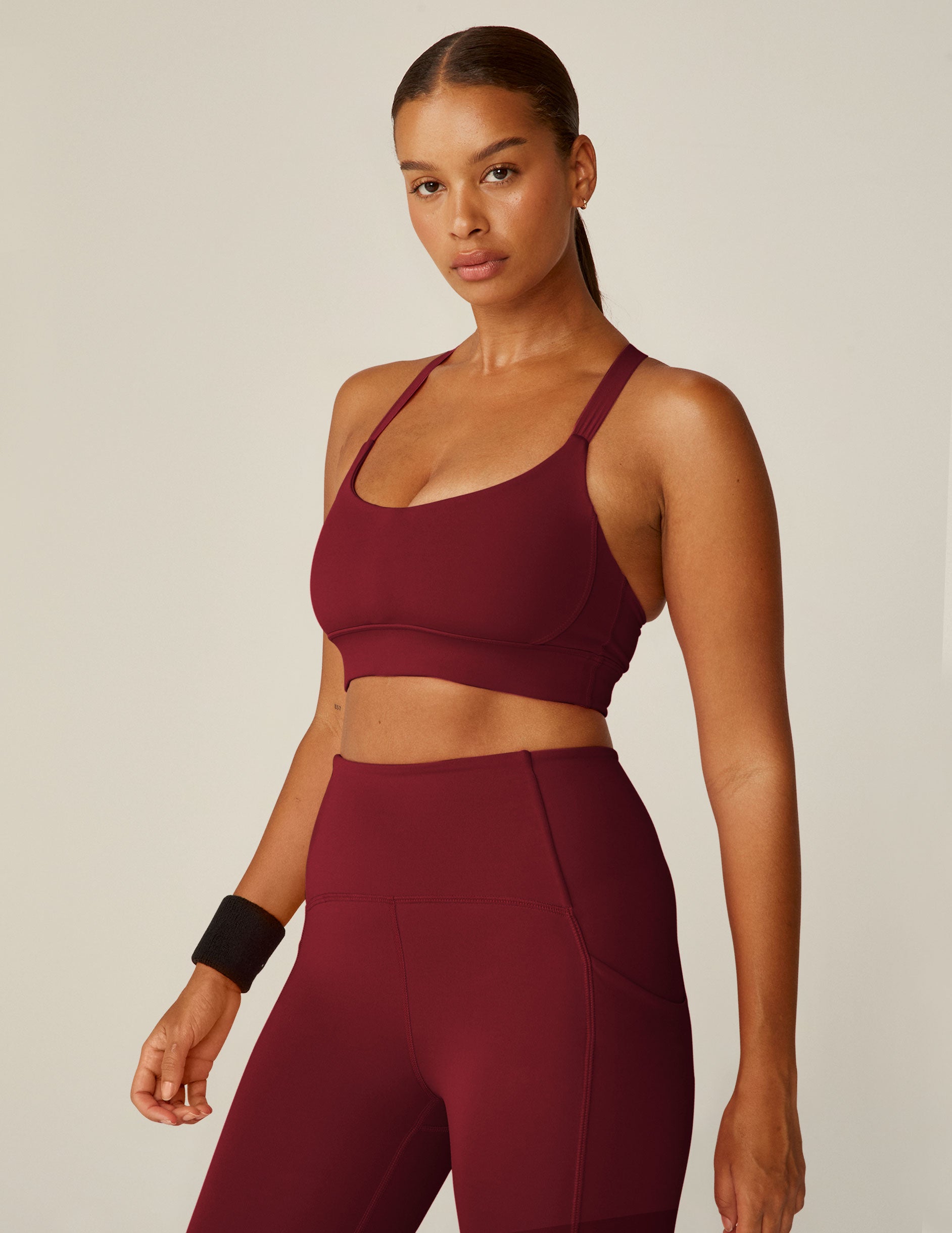 red scoop neck long line powerbeyond bra top. 