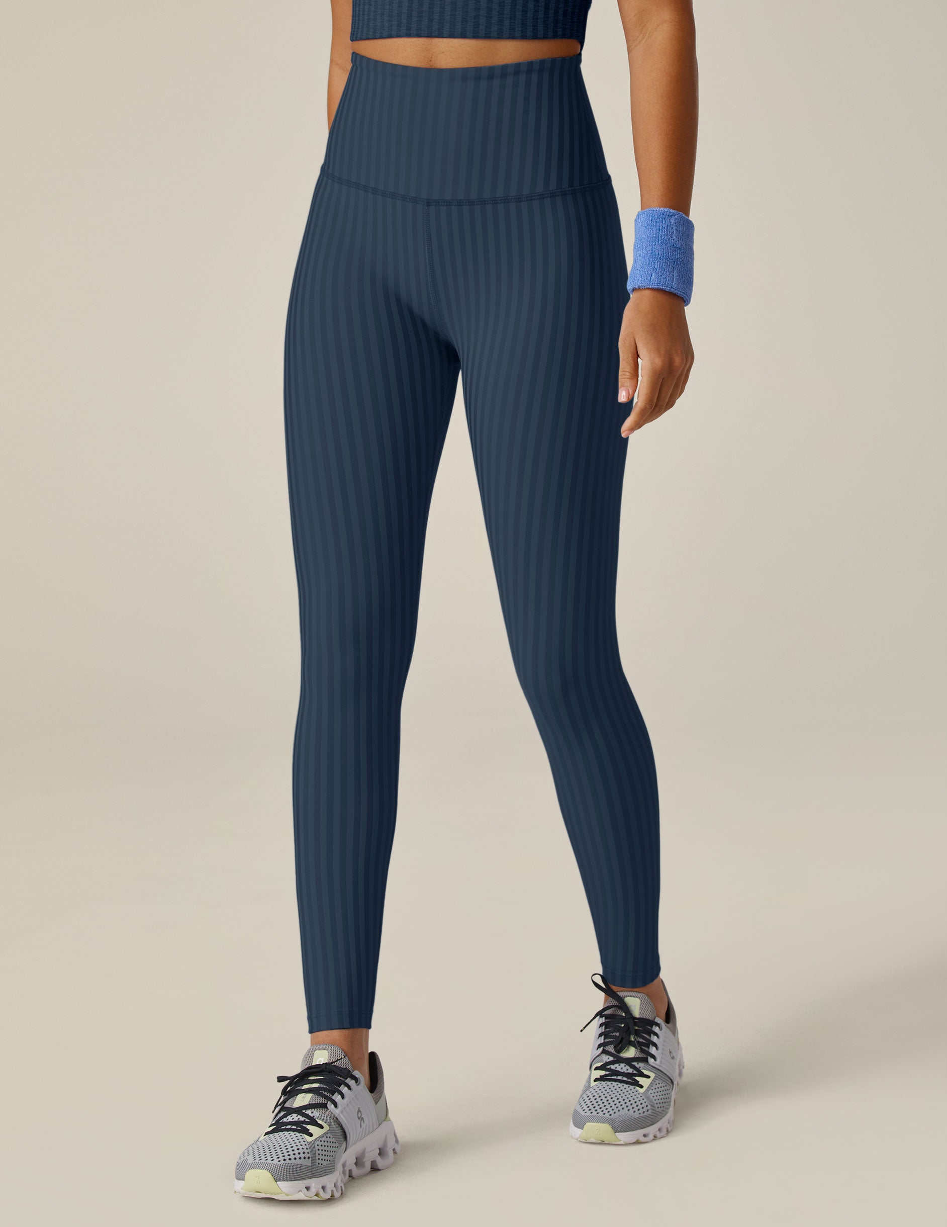 blue striped jacquard high waisted legging