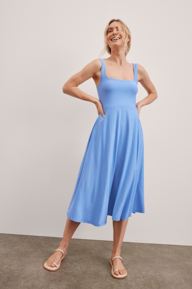 blue square neck midi length dress. 