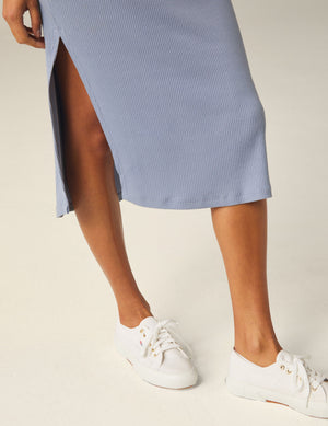 blue midi high-neck tank dress with a front side slit.