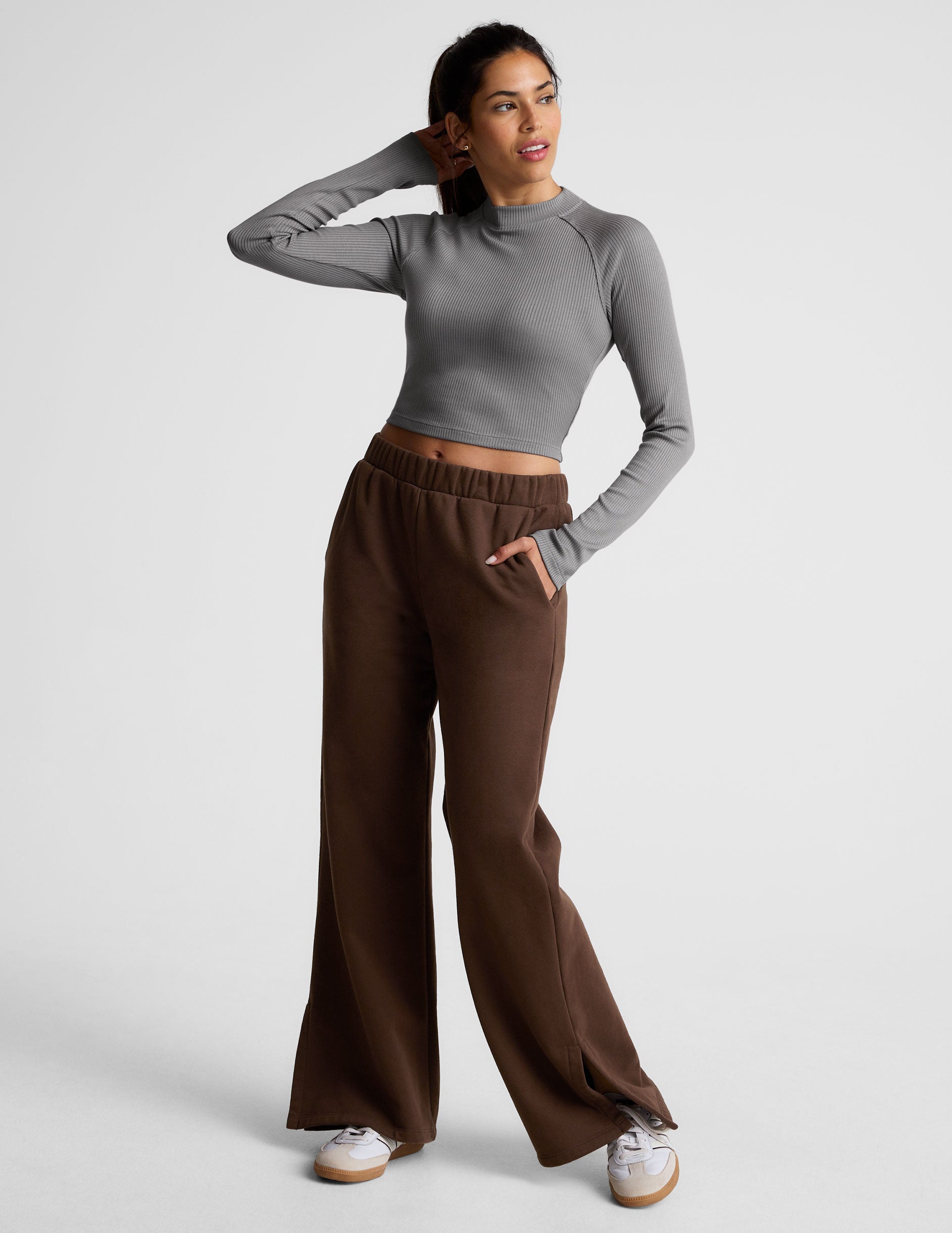 gray ribbed mock-neck cropped long sleeve top. 