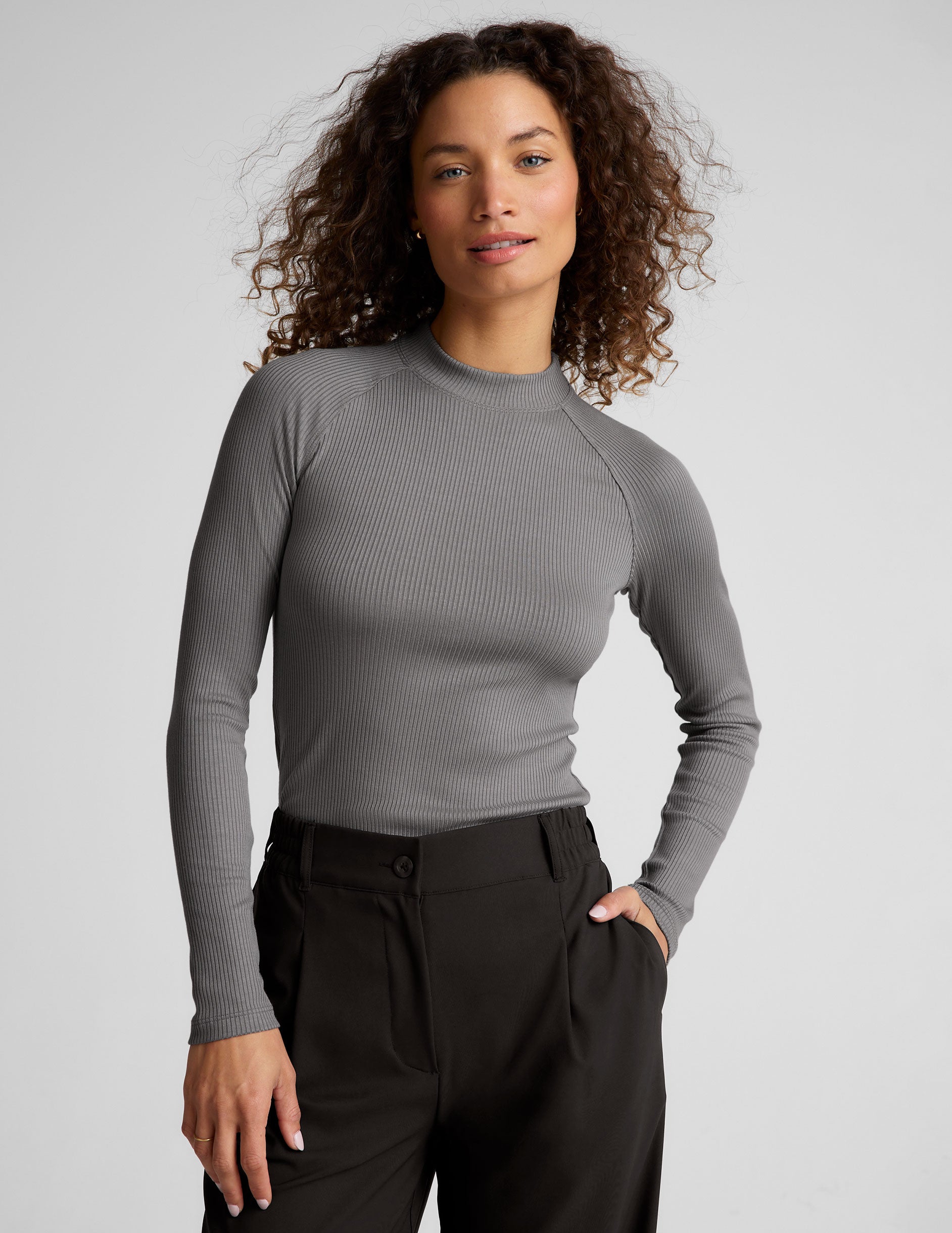 gray long length ribbed mock-neck long sleeve top. 