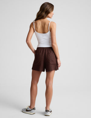 Back view of the brown SoftWash Linen Easy Short with an elastic waistband and two large rear patch pockets.
