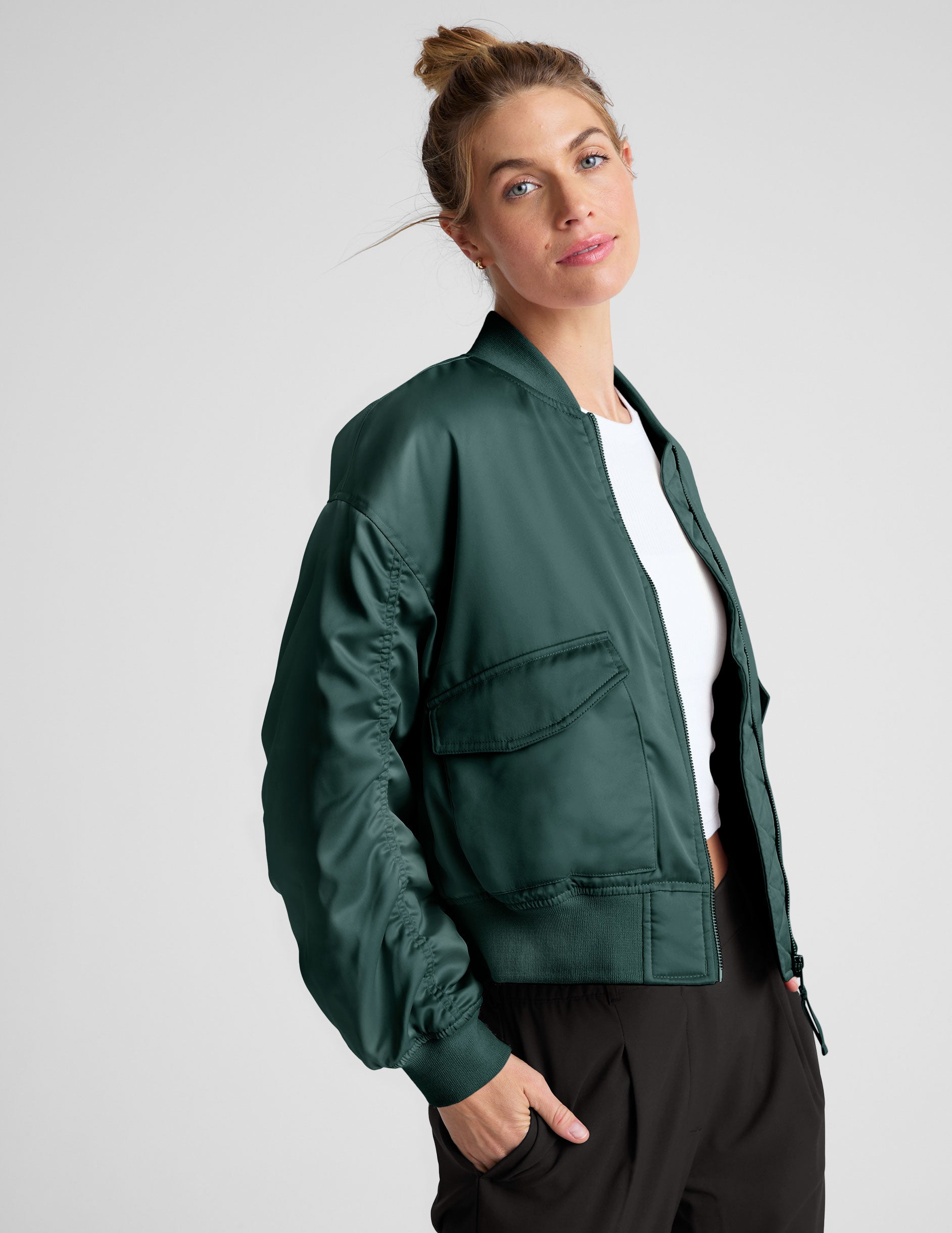 green jacket with pockets. 