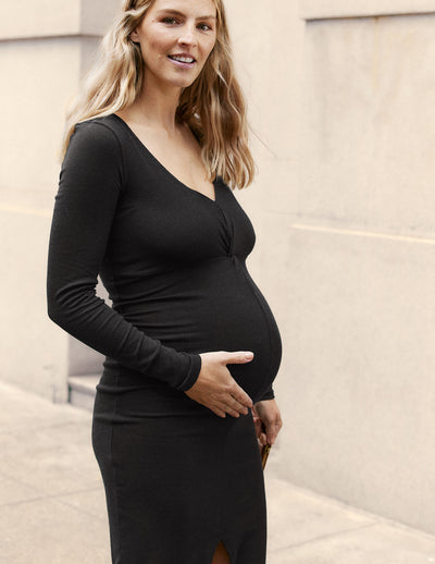black maternity midi dress with a twist design and front side slit.