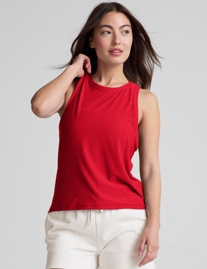 red loose-fitting tank top with a crew neckline. 