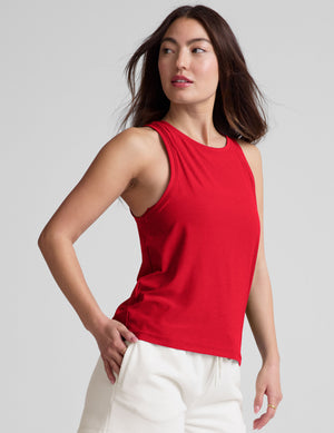 red loose-fitting tank top with a crew neckline. 