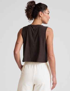 brown relaxed fit cropped tank top with a crew neckline. 