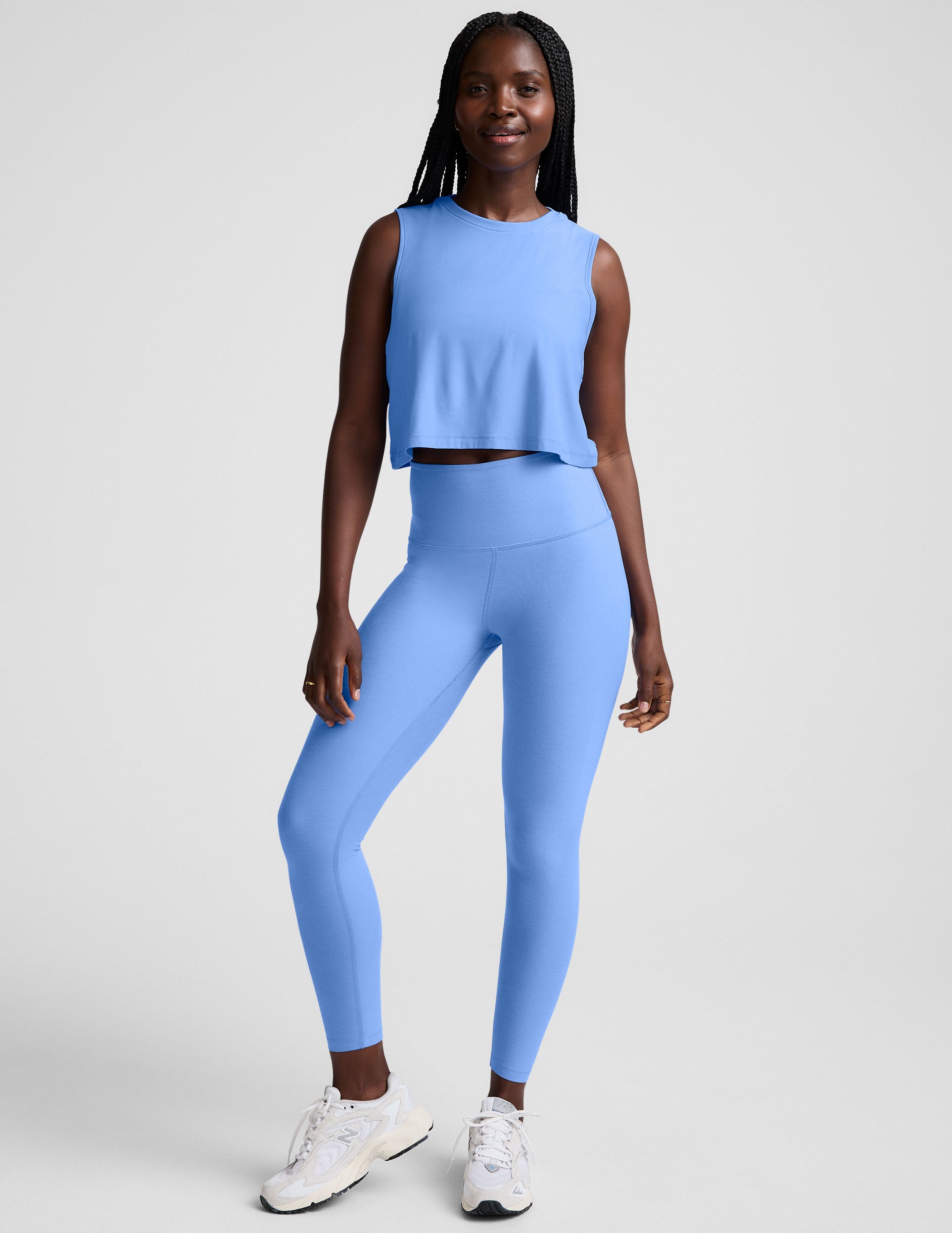 blue lightweight relaxed fit cropped tank top. 