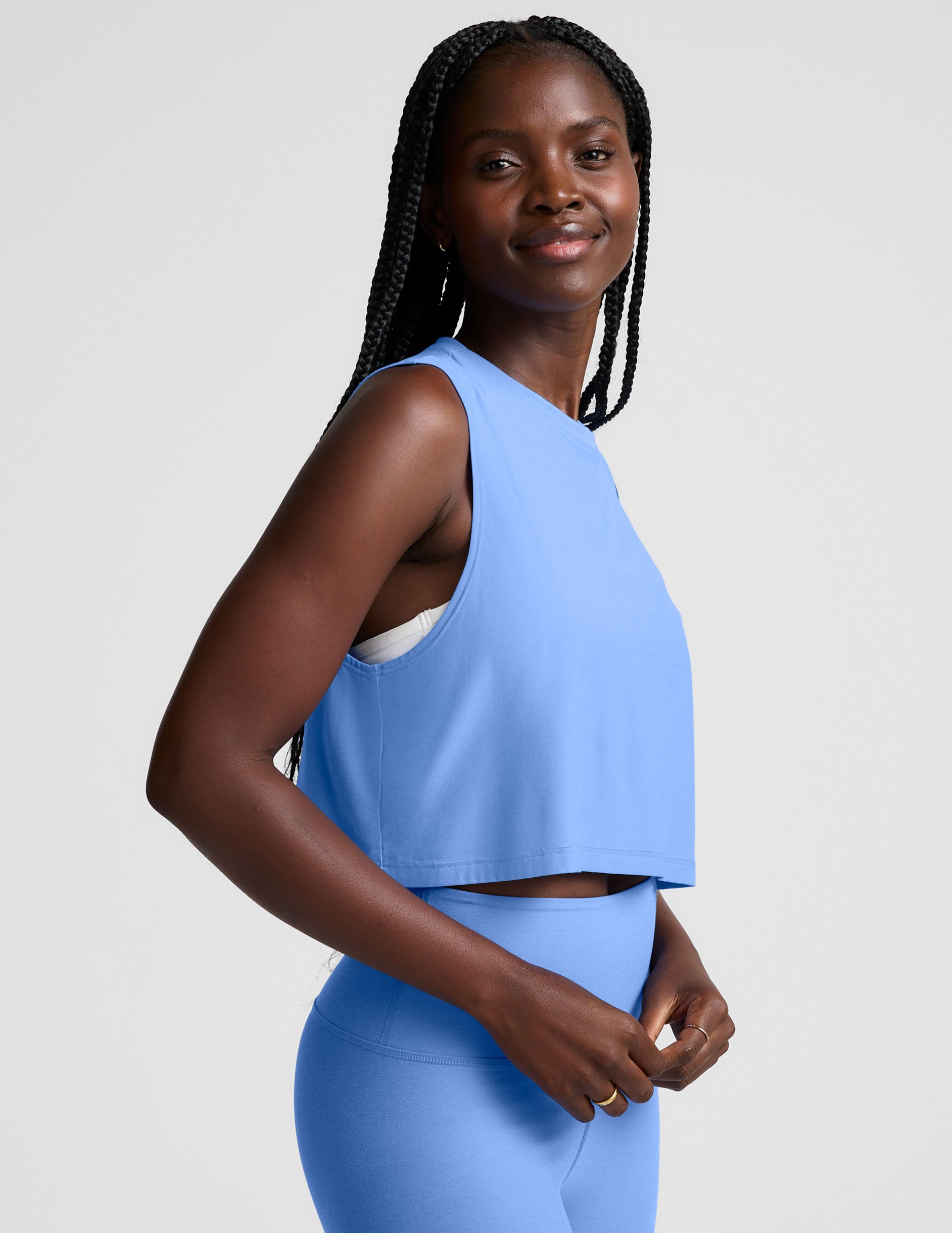blue lightweight relaxed fit cropped tank top. 