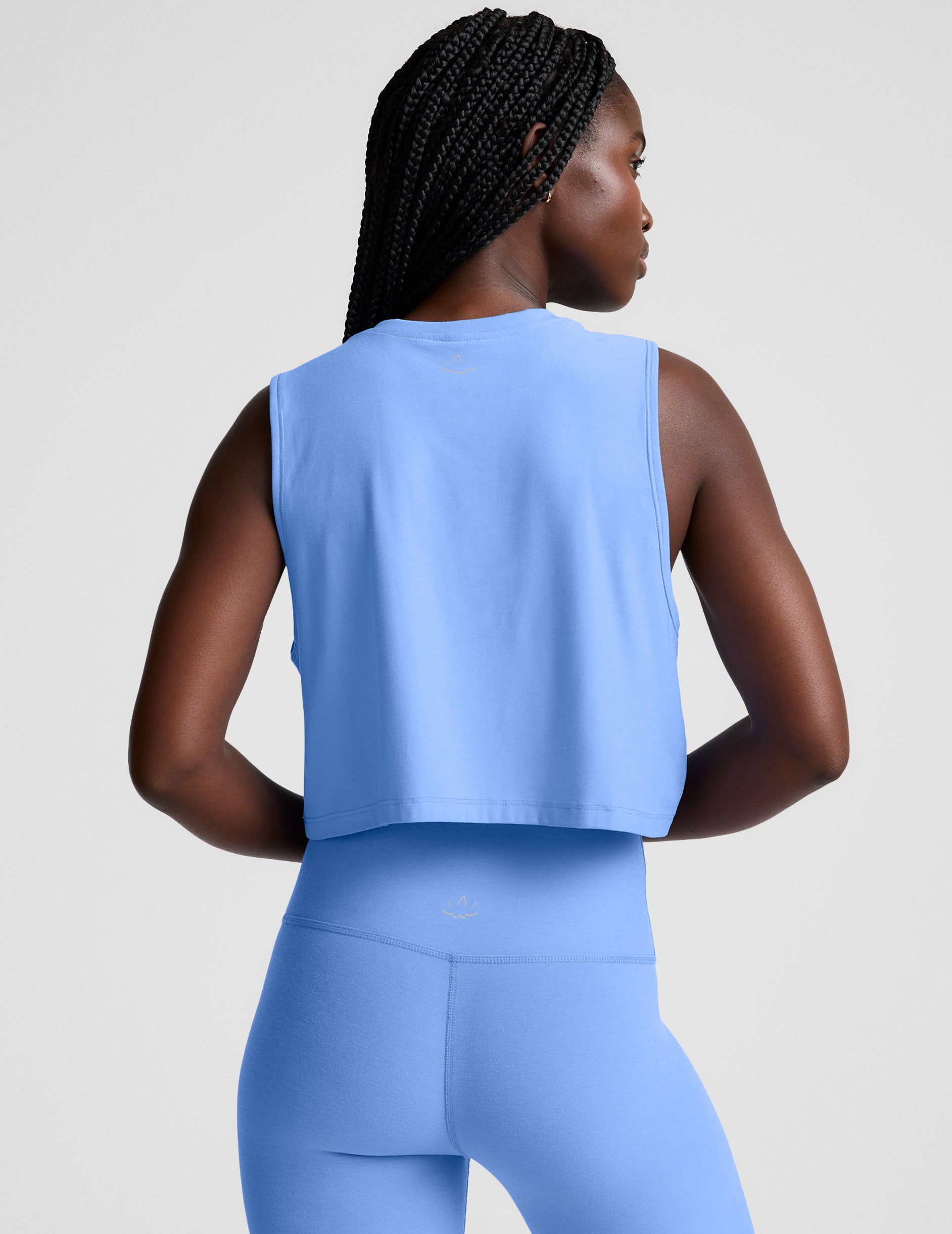 blue lightweight relaxed fit cropped tank top. 