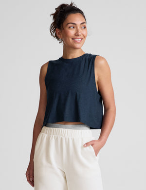 blue relaxed fit cropped tank with a scooped ribbed neckline and ribbed arm holes. 