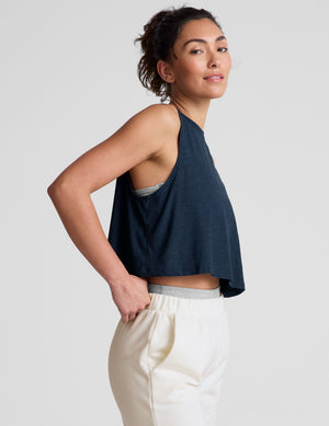 blue relaxed fit cropped tank with a scooped ribbed neckline and ribbed arm holes. 