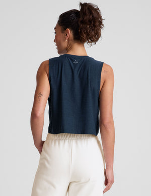 blue relaxed fit cropped tank with a scooped ribbed neckline and ribbed arm holes. 