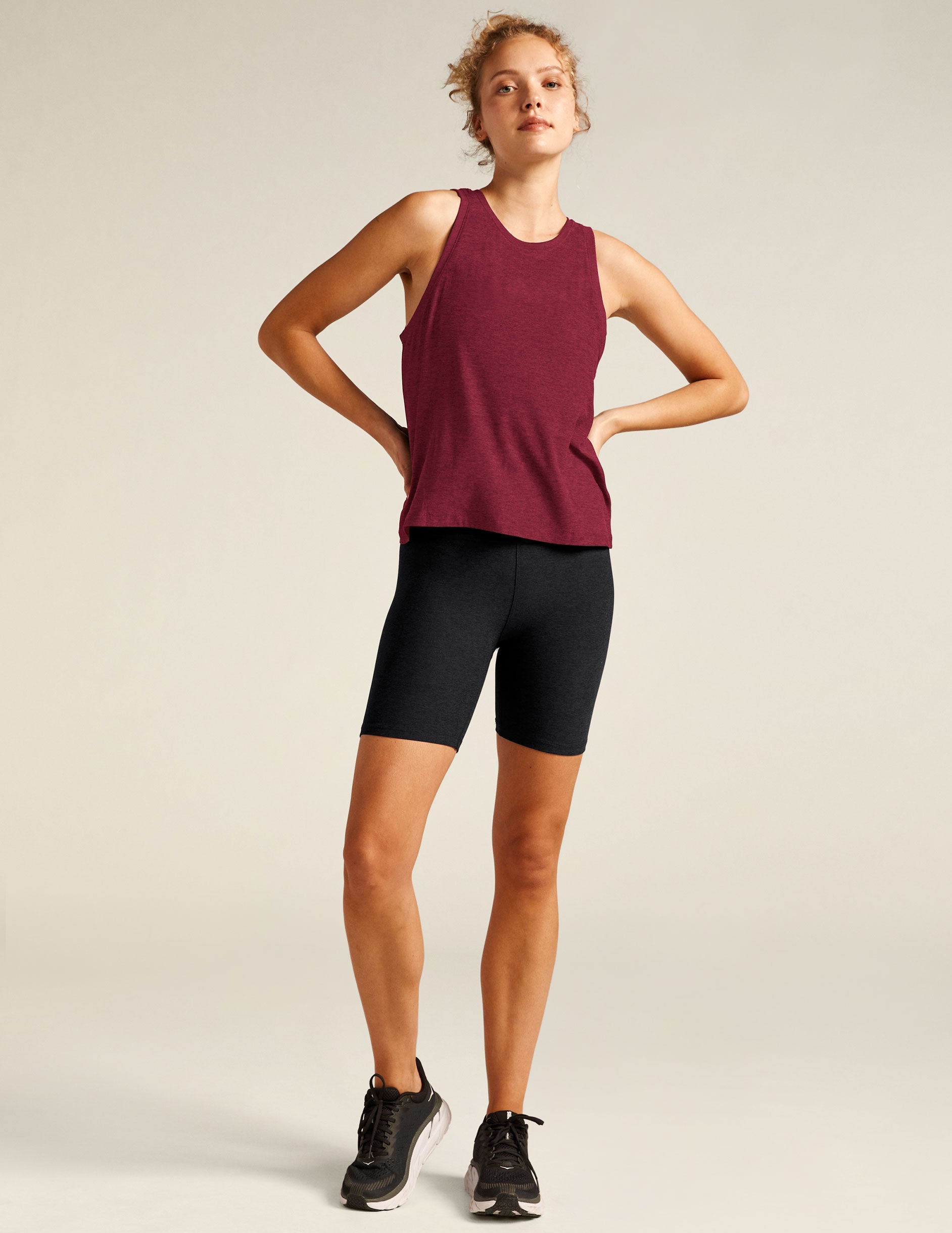 red high front neckline tank top with a relaxed fit. 