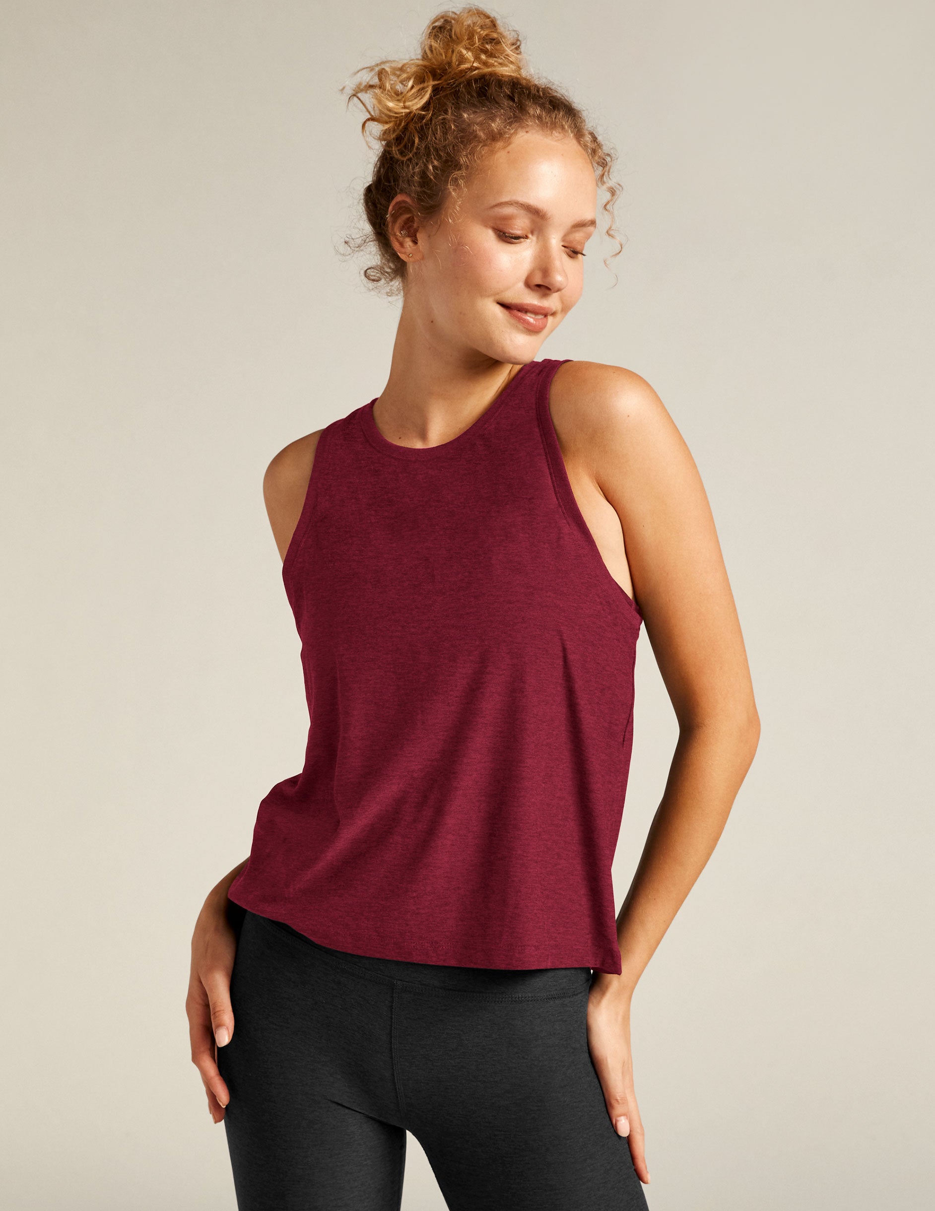 red high front neckline tank top with a relaxed fit. 