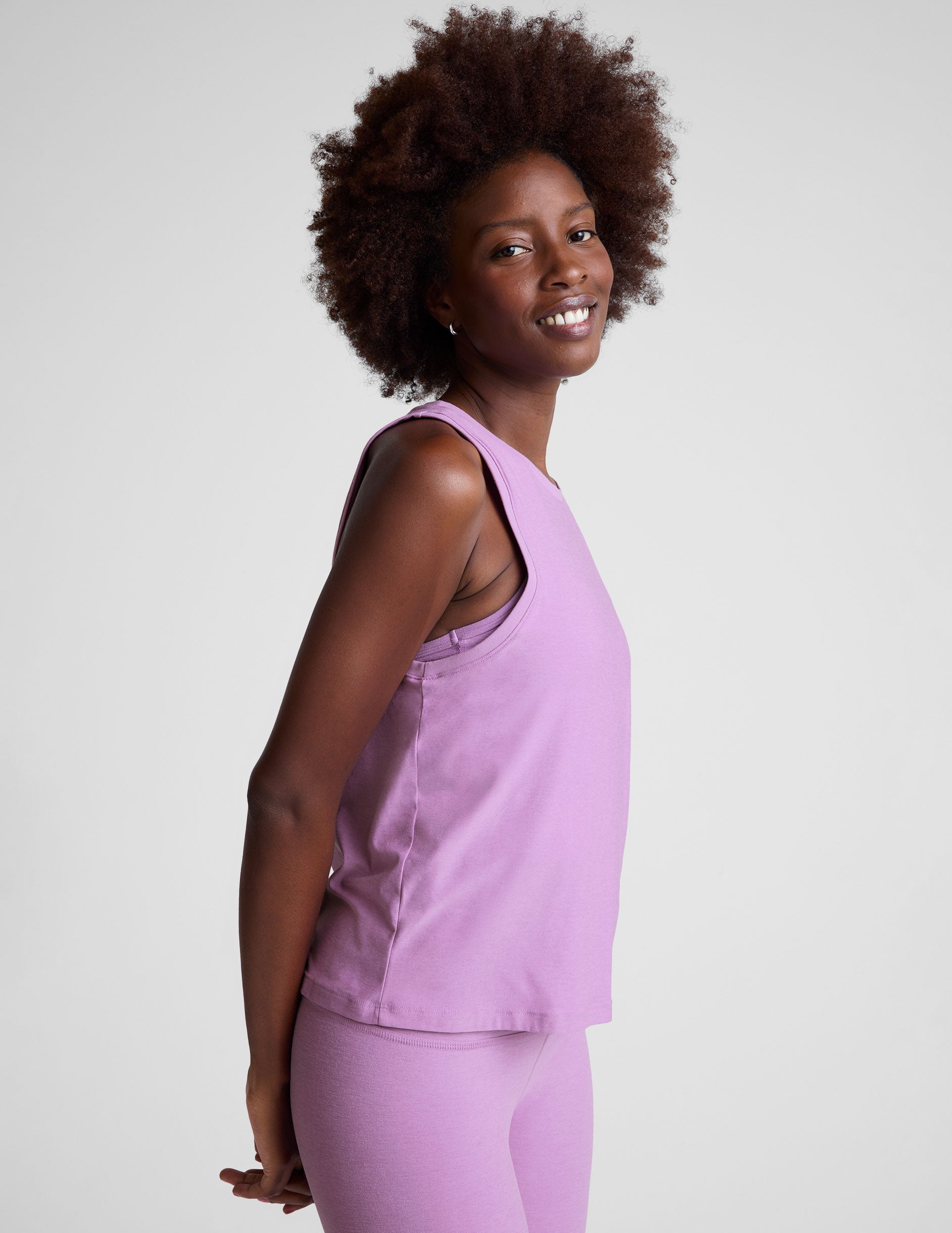 purple relaxed fit tank top with a high front neckline. 