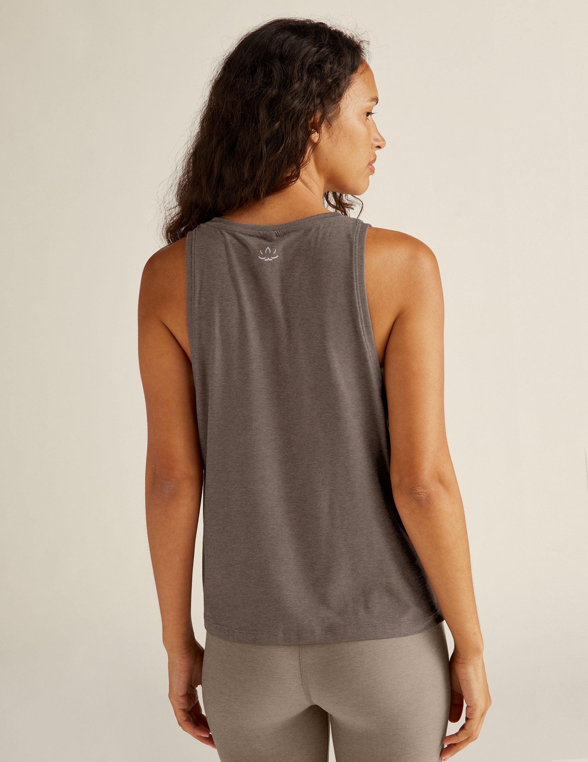 brown lightweight relaxed fit classic length tank top. 