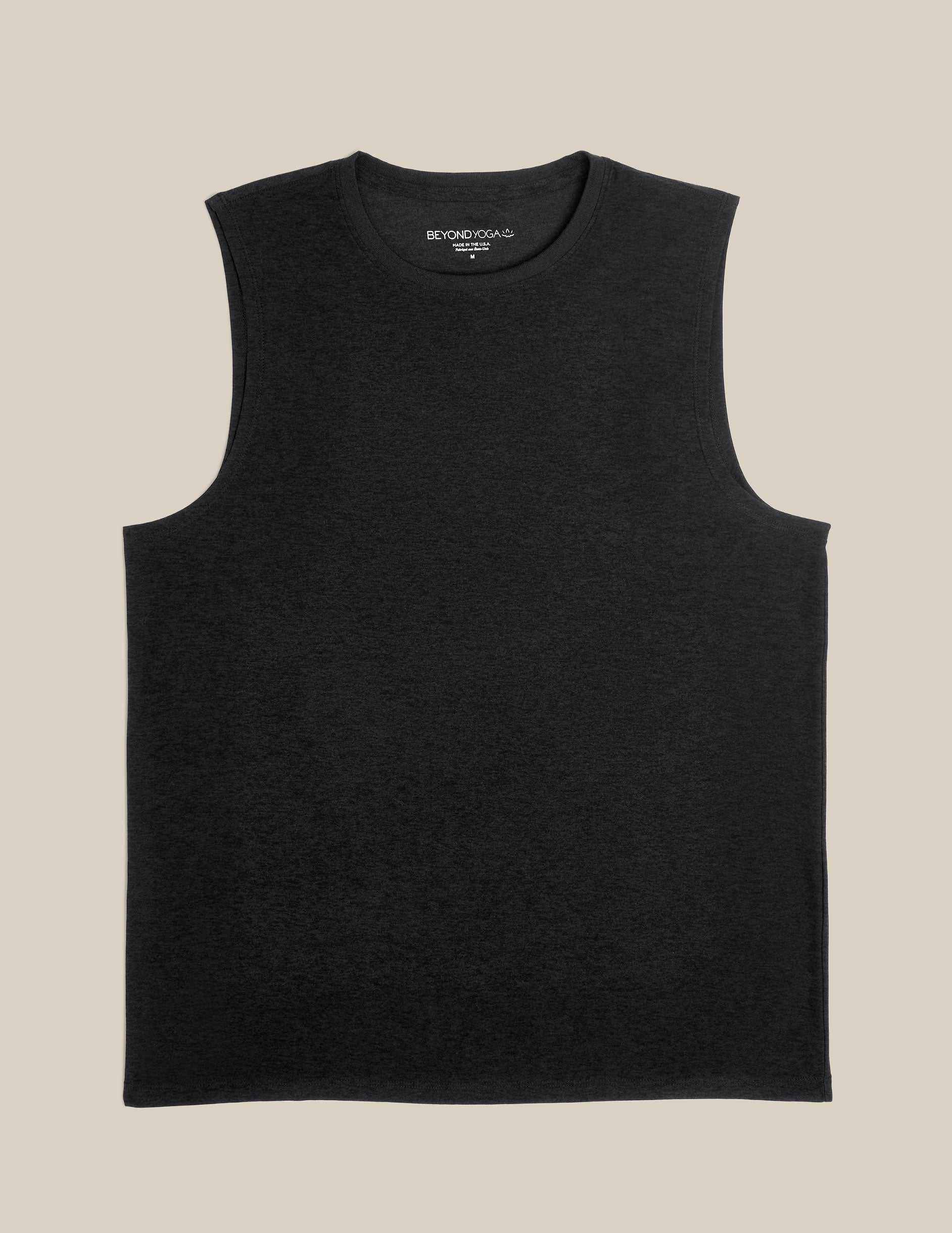 mens black muscle tank top with a rib crew neckline.